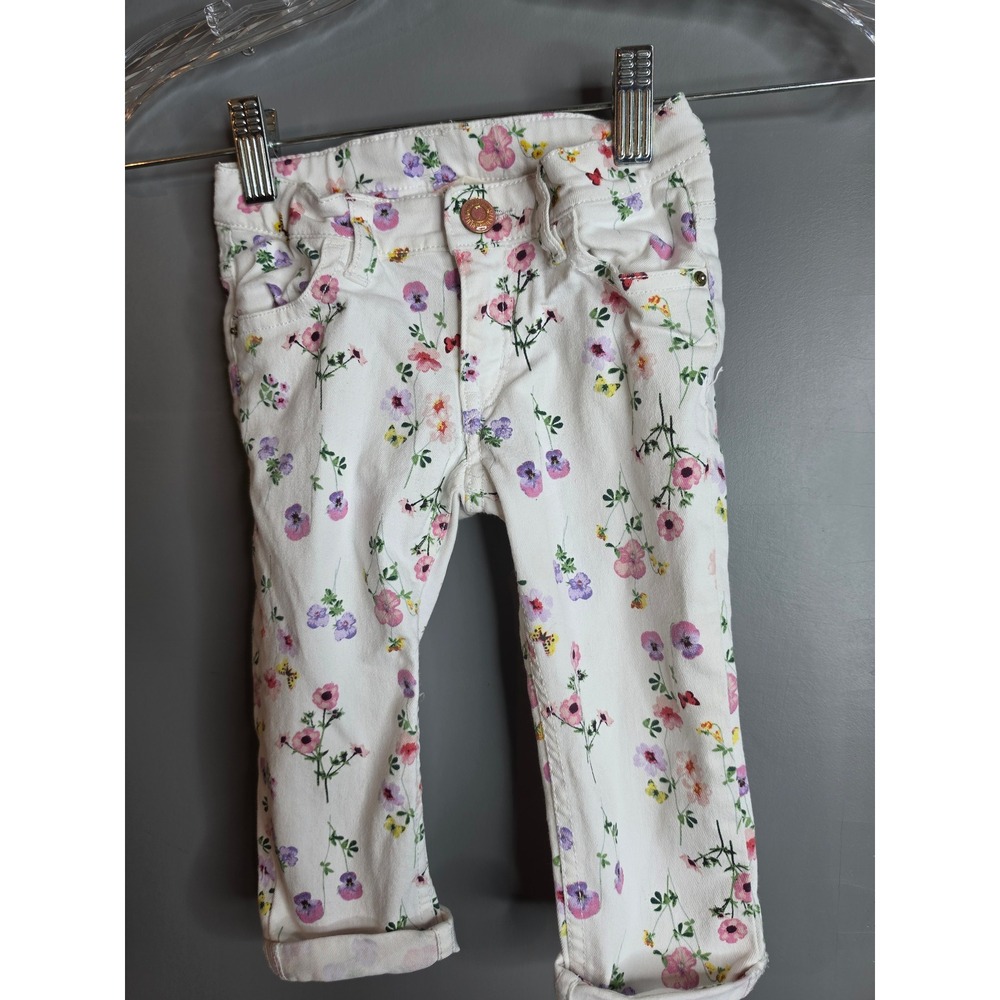 HM Girls White Floral Print Jeans Size 2-3Y Pink Purple Yellow Botanical Pants